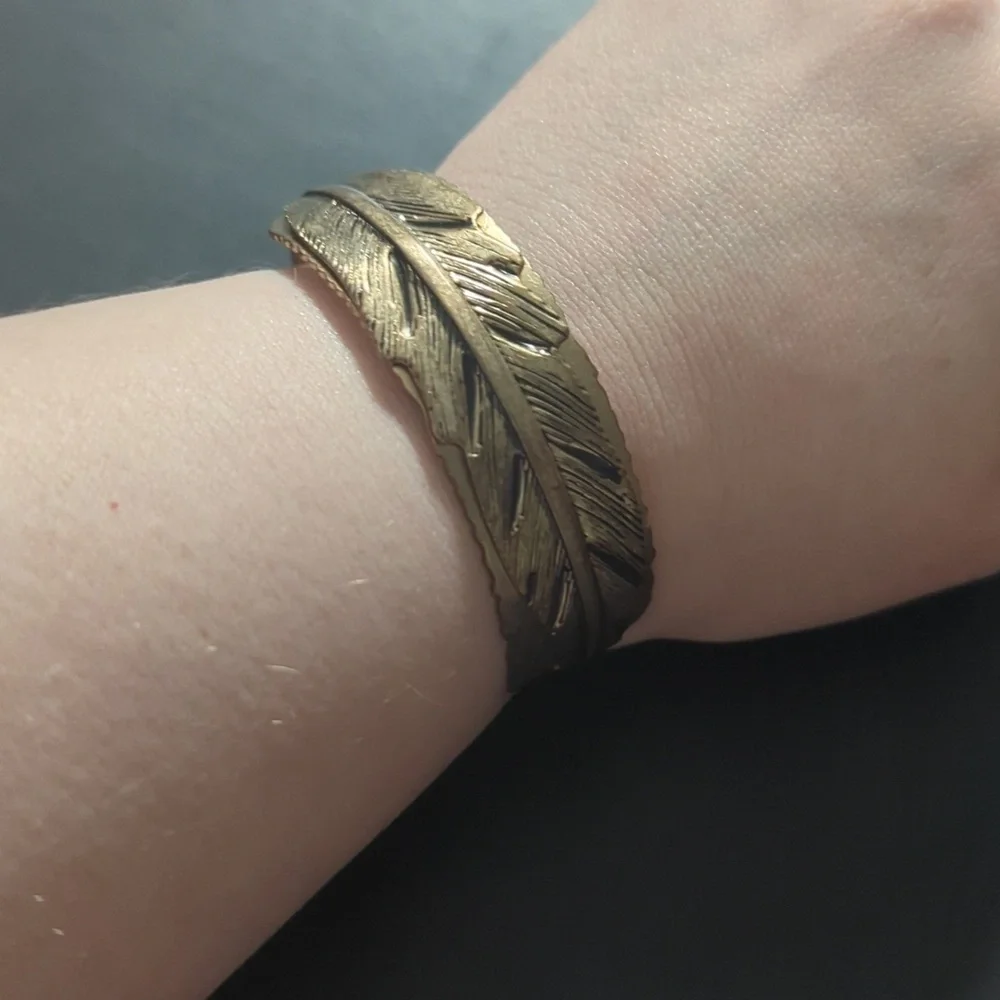 Antique Gold Tone Feather Open Cuff Bangle Statement Bracelet Antique Gold Tone